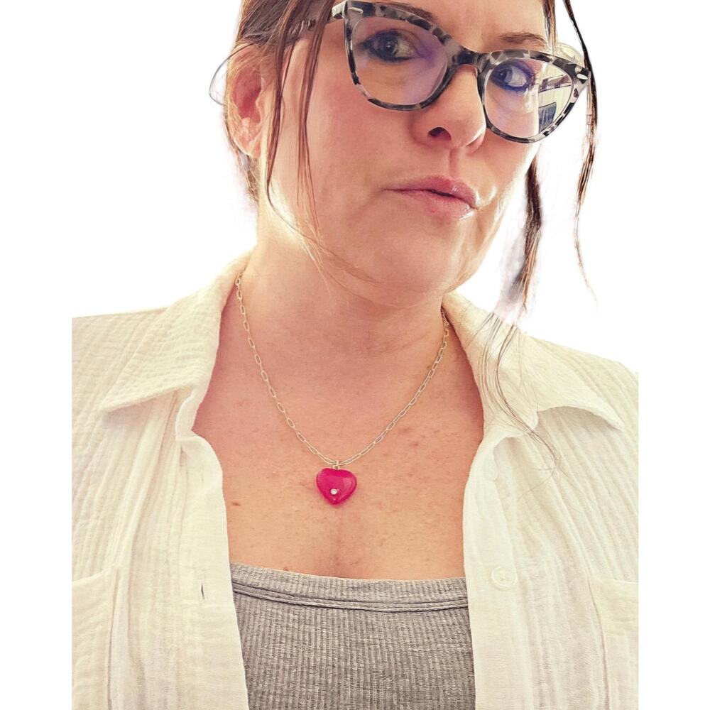 Hot Pink Chalcedony Heart Pendant Statement Necklace Gold Filled Paperclip Chain